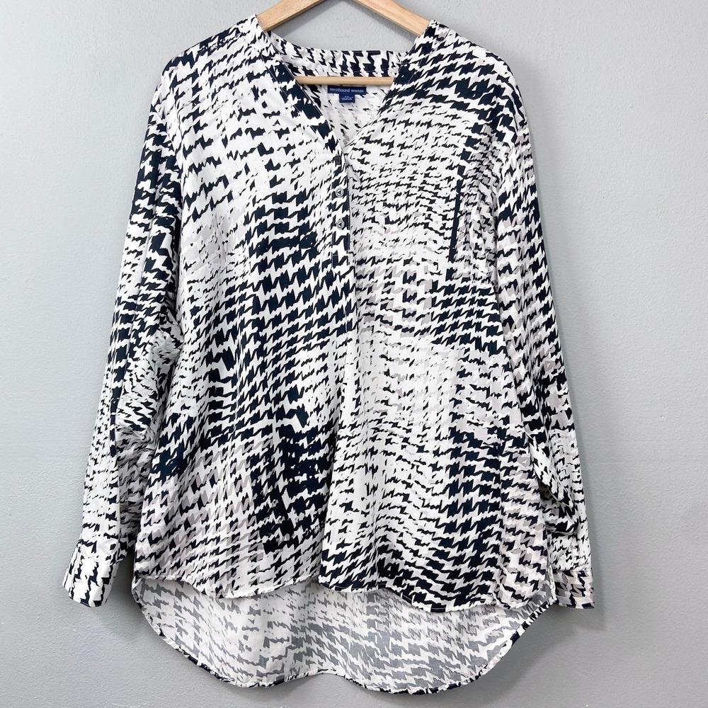 Westbound Woman Blouse Top Plus Size 2X Black Ivory Abstract Houndstooth Printed